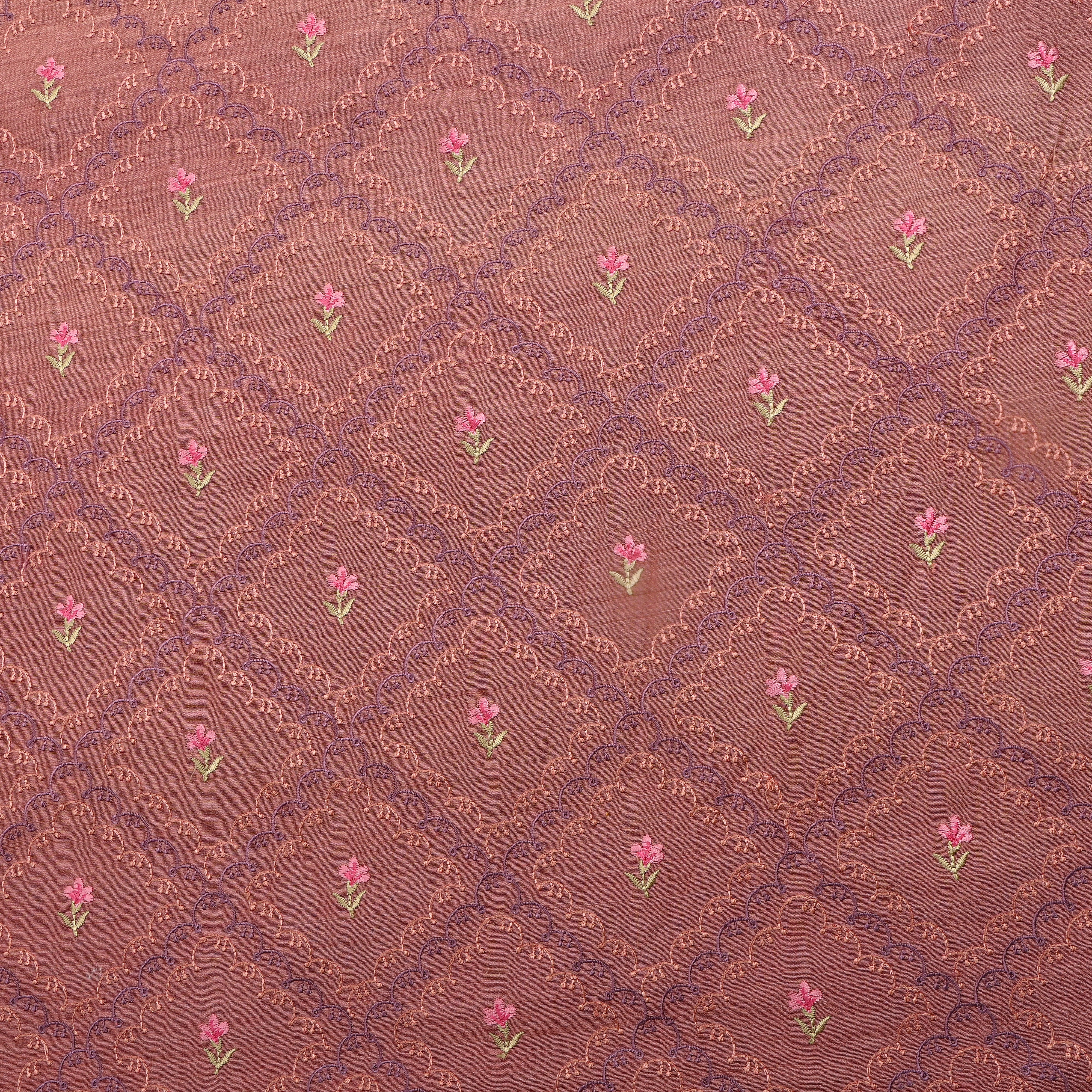 Dusty Pink Floral Embroidery Tussar Fabric