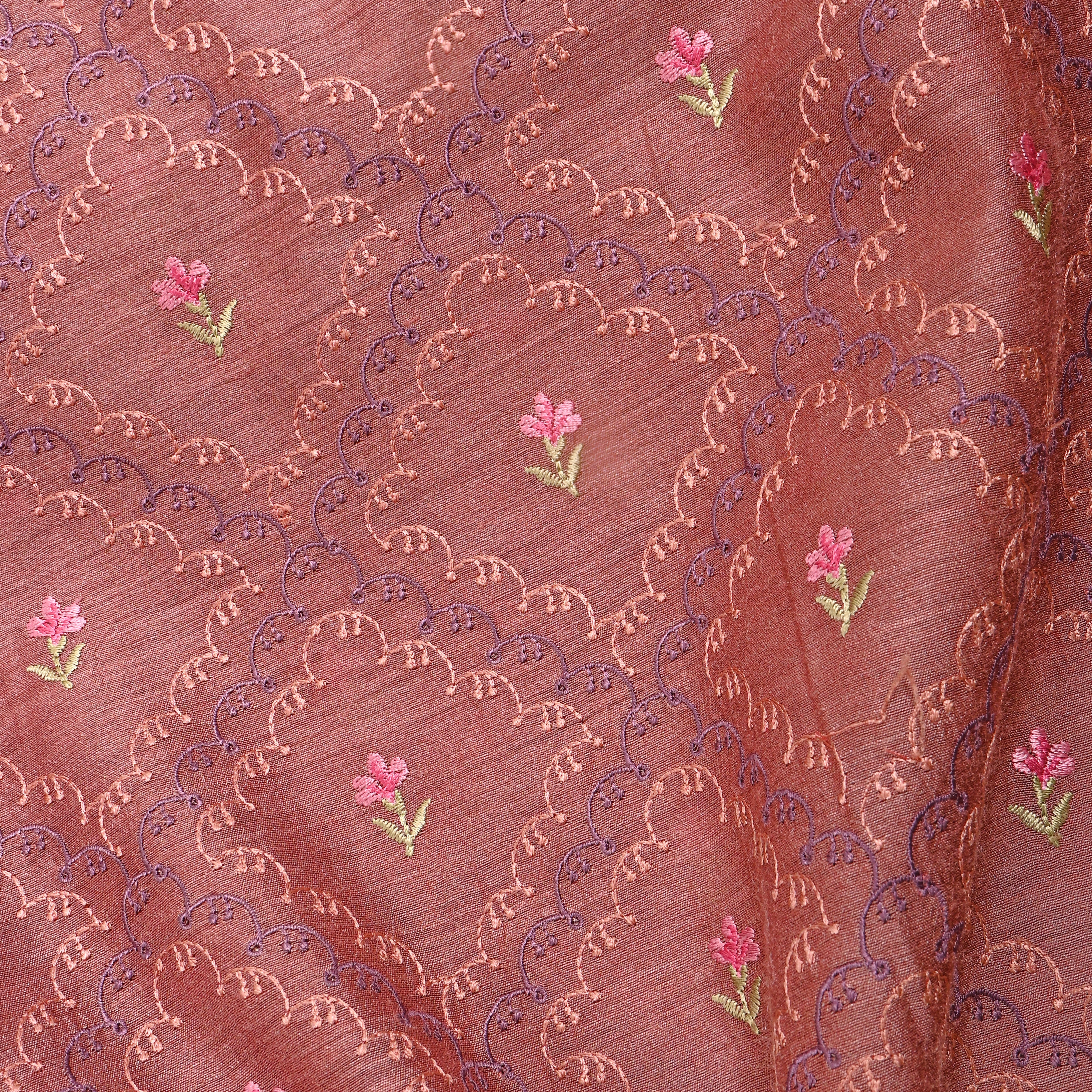 Dusty Pink Floral Embroidery Tussar Fabric