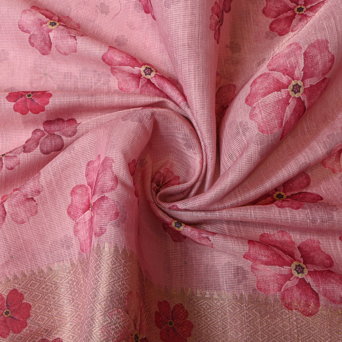 Blush Peach Floral Print Tussar Silk Fabric