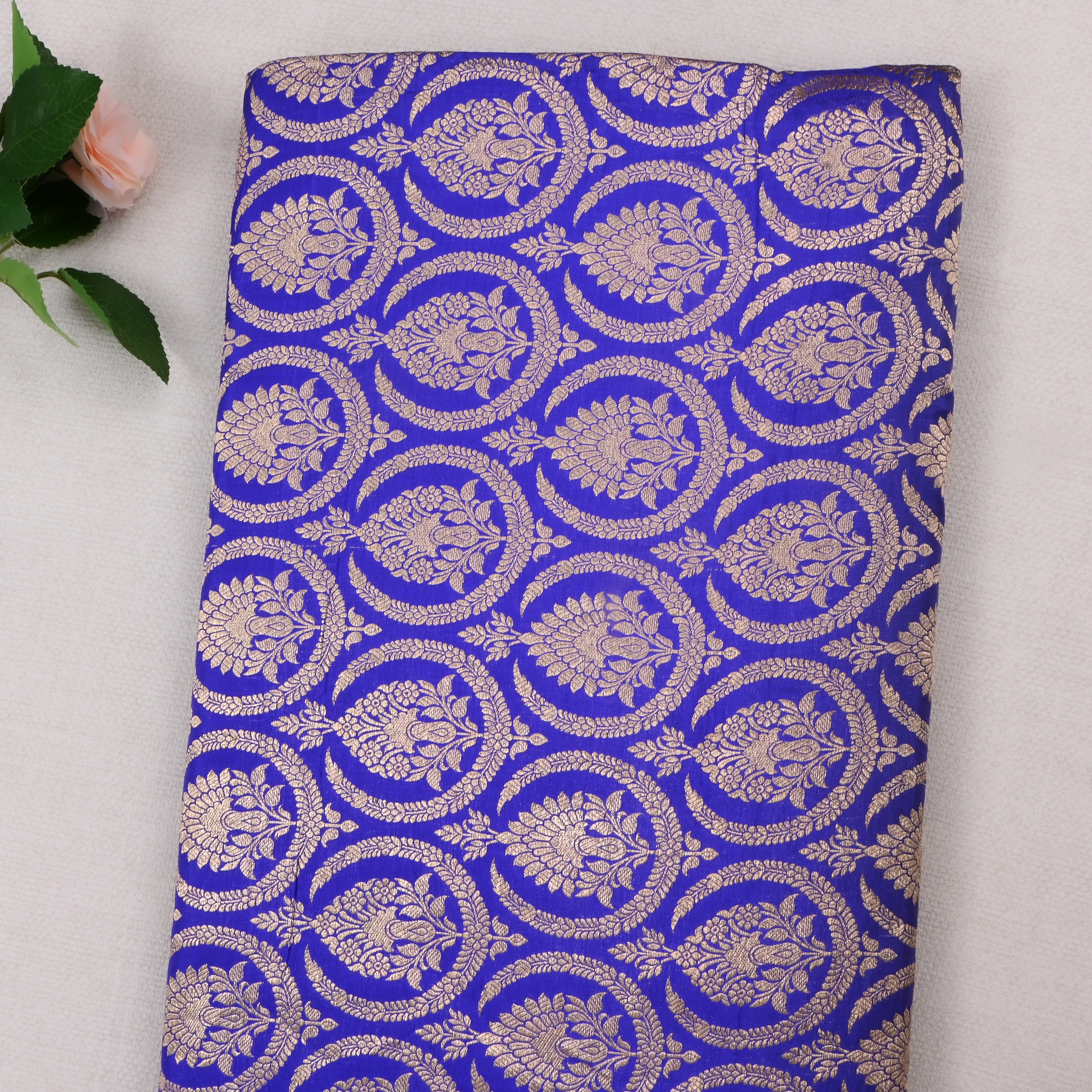 Denim Dark Blue Jamawar Silk Fabric With Geometrical Figures