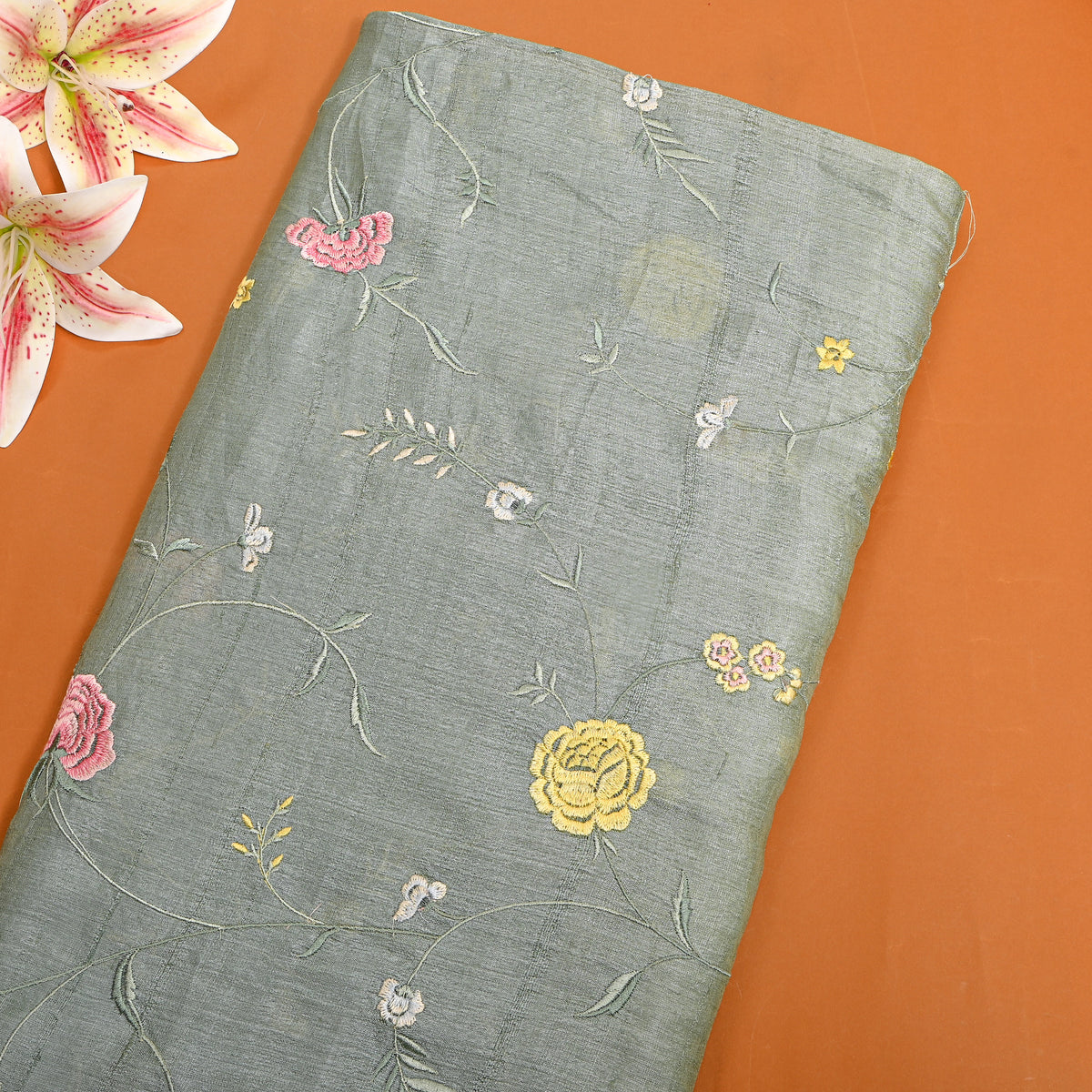 Silver Gray Floral Jaal Thread Work Tussar Silk Fabric.
