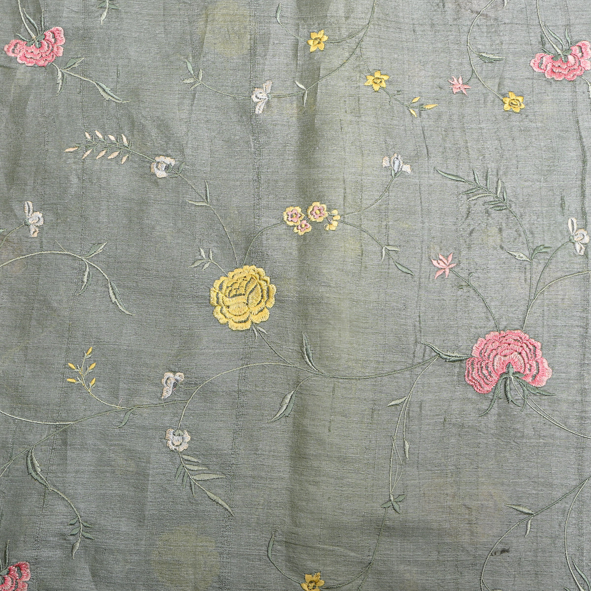 Silver Gray Floral Jaal Thread Work Tussar Silk Fabric.