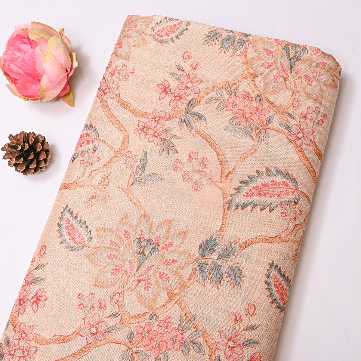 Sand Beige Floral Vine Print Tissue Fabric