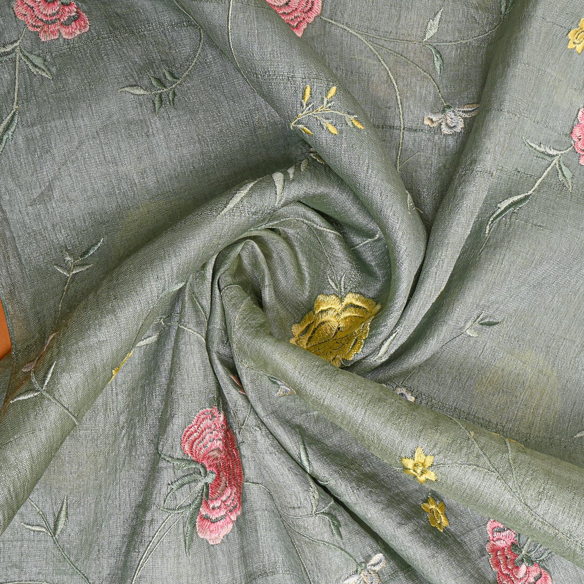 Silver Gray Floral Jaal Thread Work Tussar Silk Fabric.
