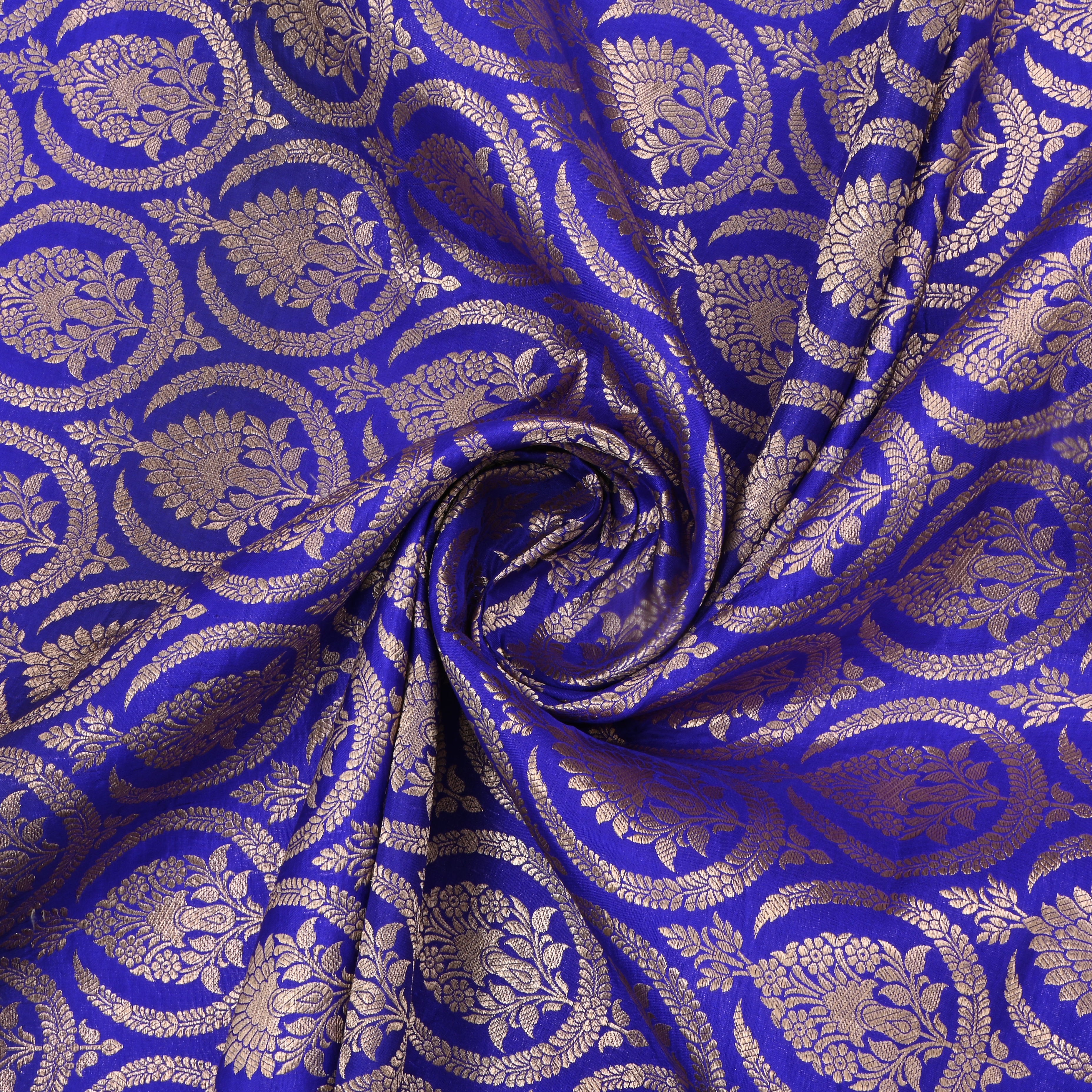 Denim Dark Blue Jamawar Silk Fabric With Geometrical Figures