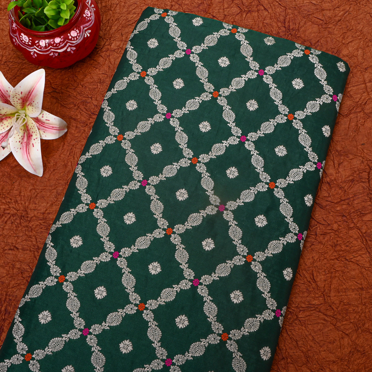 Emerald Green Silver Zari Checked Jamawar Silk Fabric