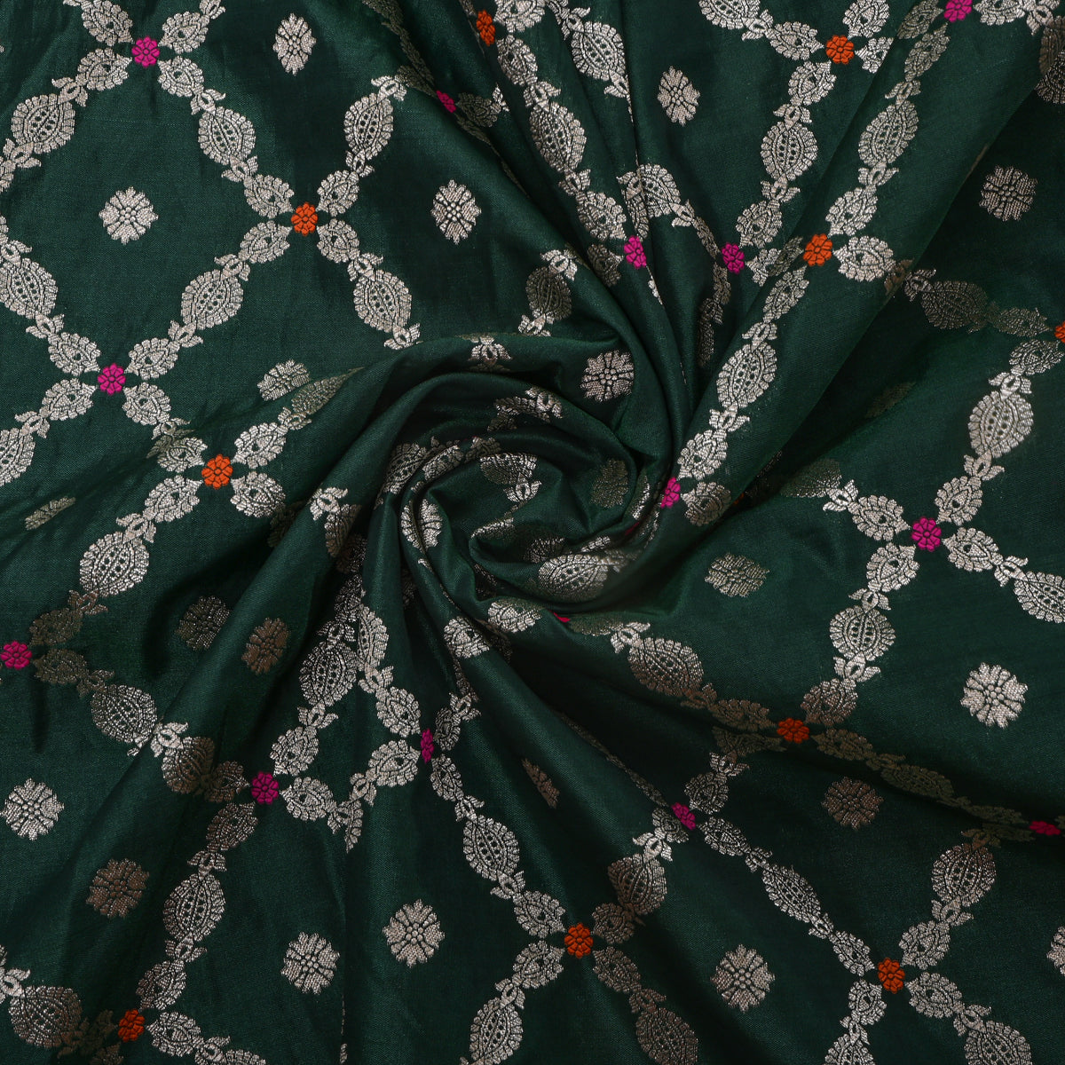 Emerald Green Silver Zari Checked Jamawar Silk Fabric