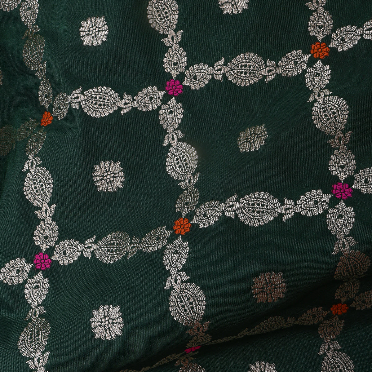 Emerald Green Silver Zari Checked Jamawar Silk Fabric