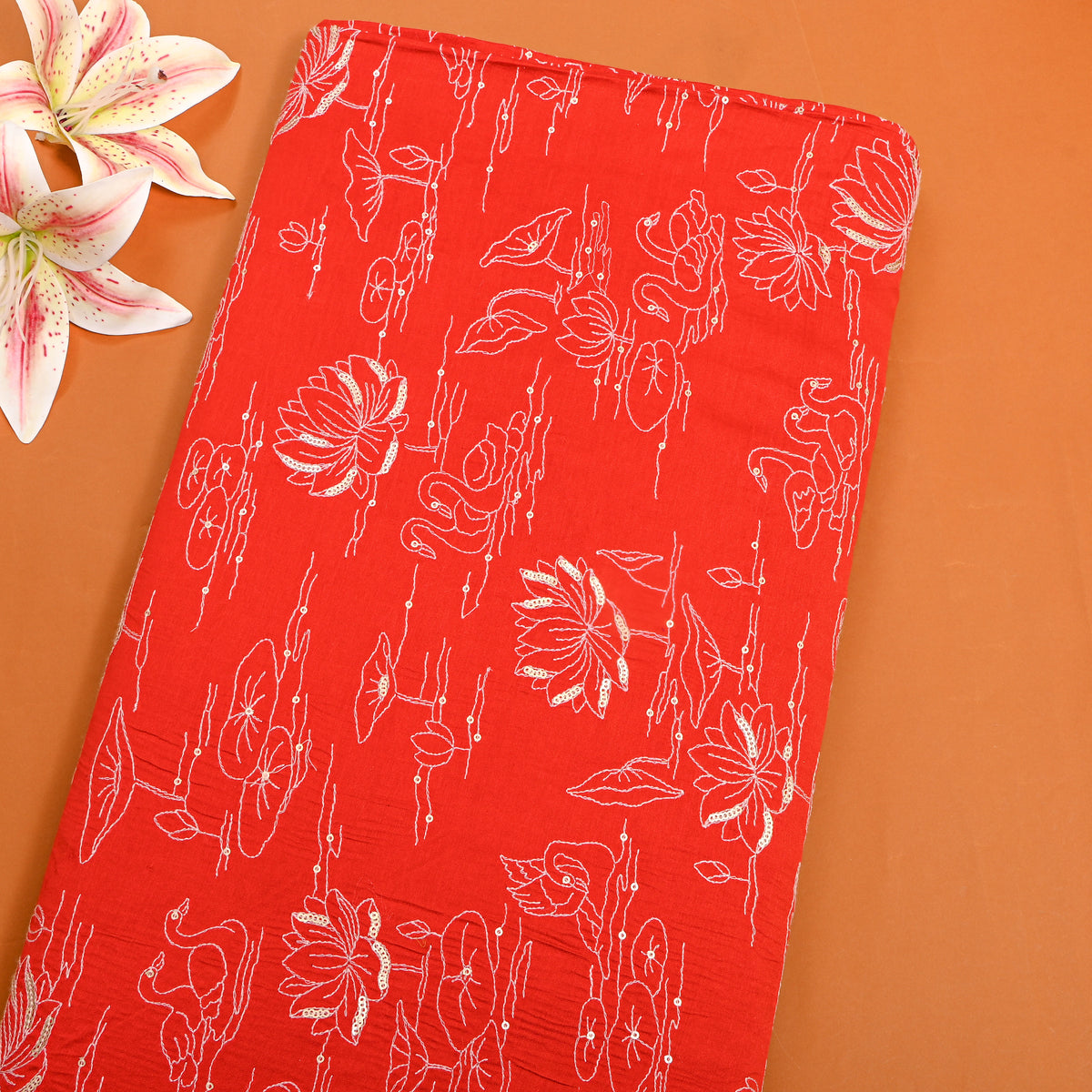 Red Lotus Swan Sequin Thread Work Chanderi Fabric