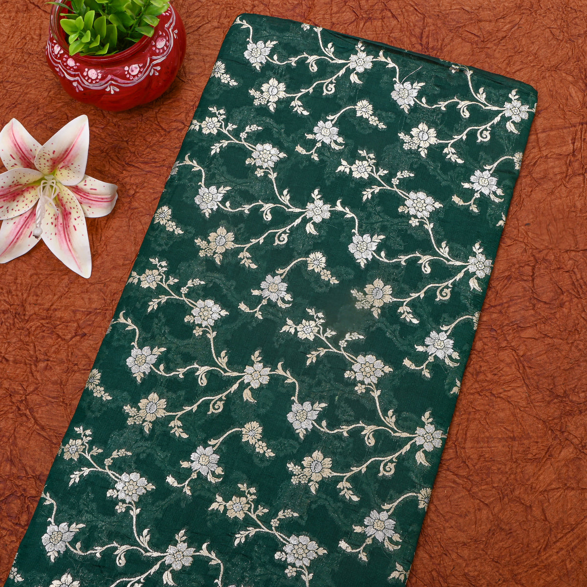 Bottle Green Gold Zari Floral Jaal Jamawar Organza Fabric