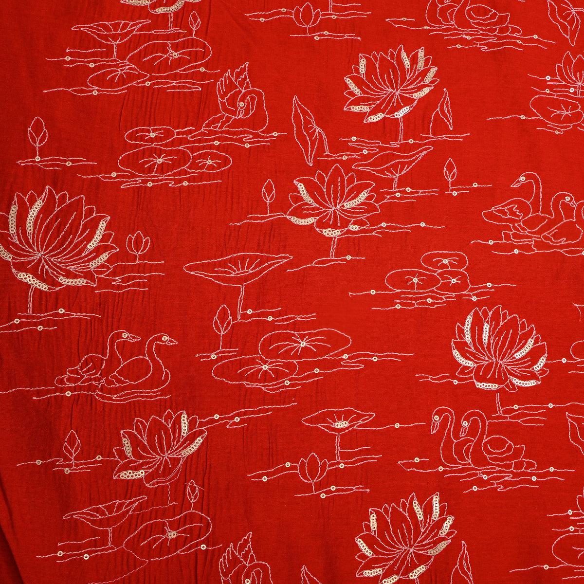 Red Lotus Swan Sequin Thread Work Chanderi Fabric