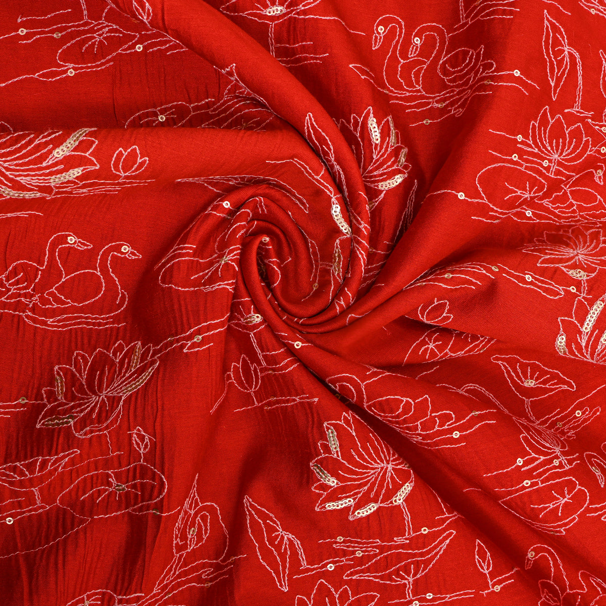 Red Lotus Swan Sequin Thread Work Chanderi Fabric