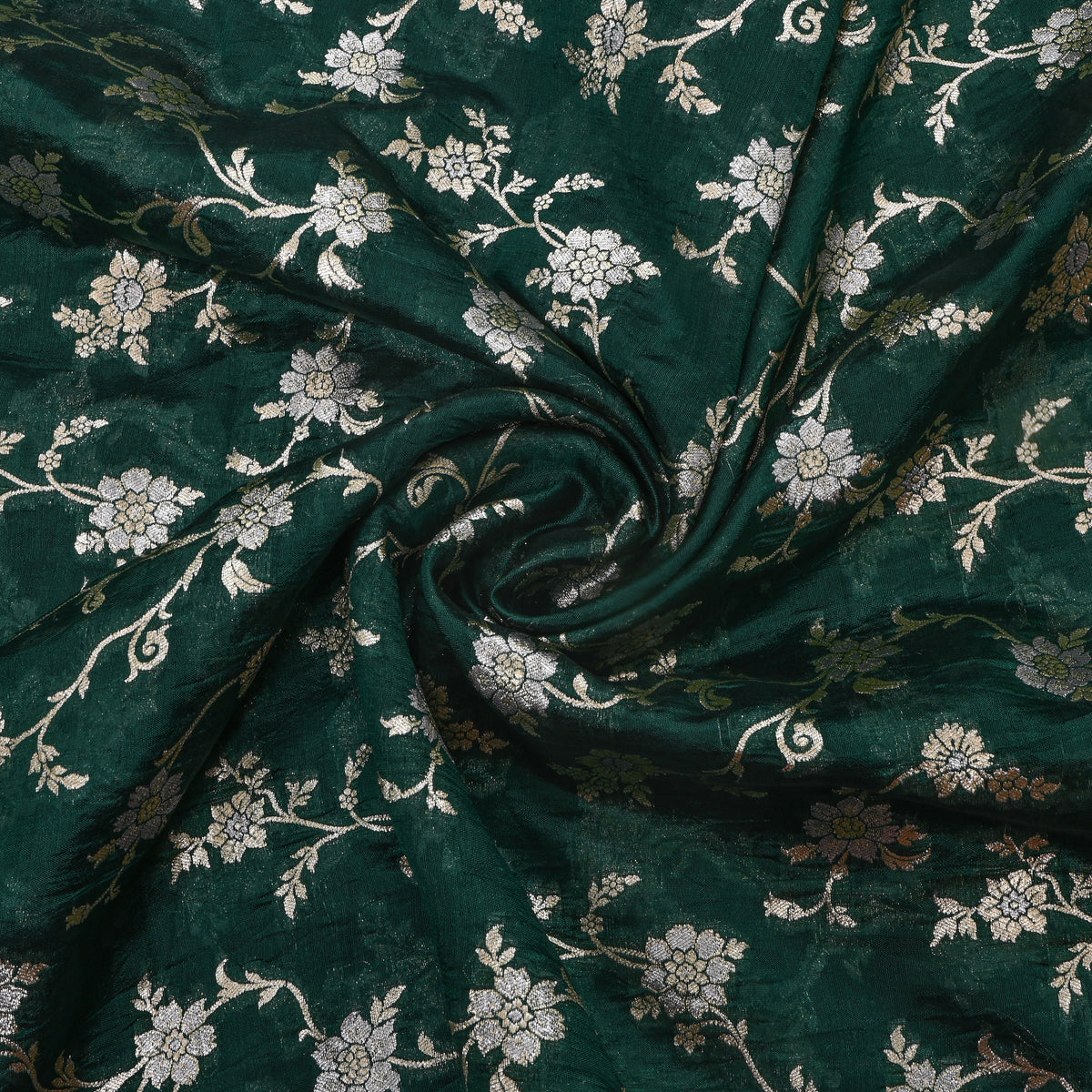 Bottle Green Gold Zari Floral Jaal Jamawar Organza Fabric