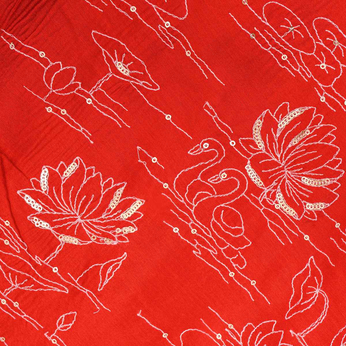 Red Lotus Swan Sequin Thread Work Chanderi Fabric