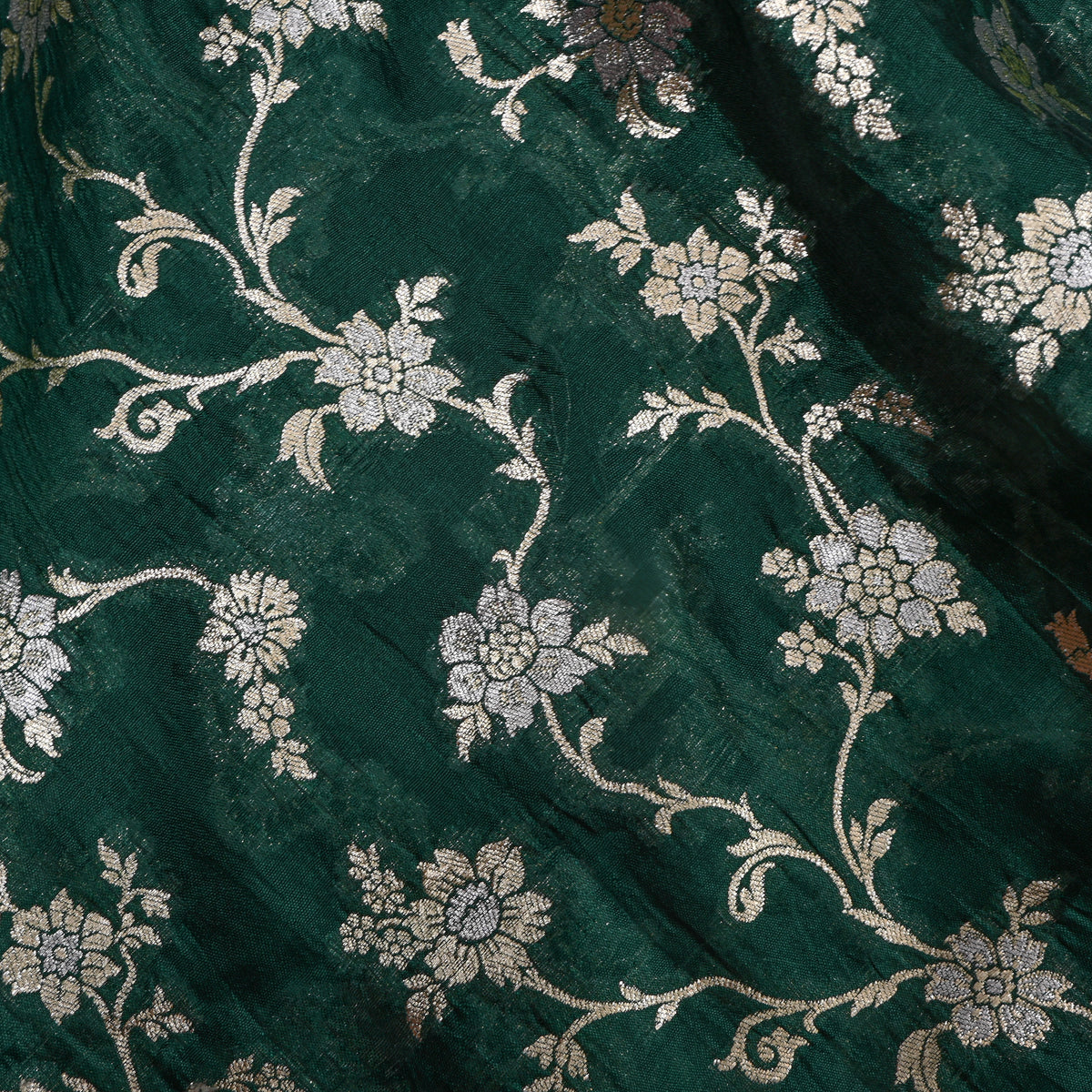 Bottle Green Gold Zari Floral Jaal Jamawar Organza Fabric