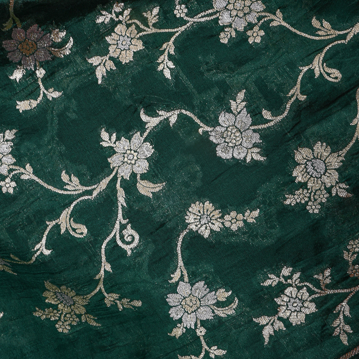 Bottle Green Gold Zari Floral Jaal Jamawar Organza Fabric
