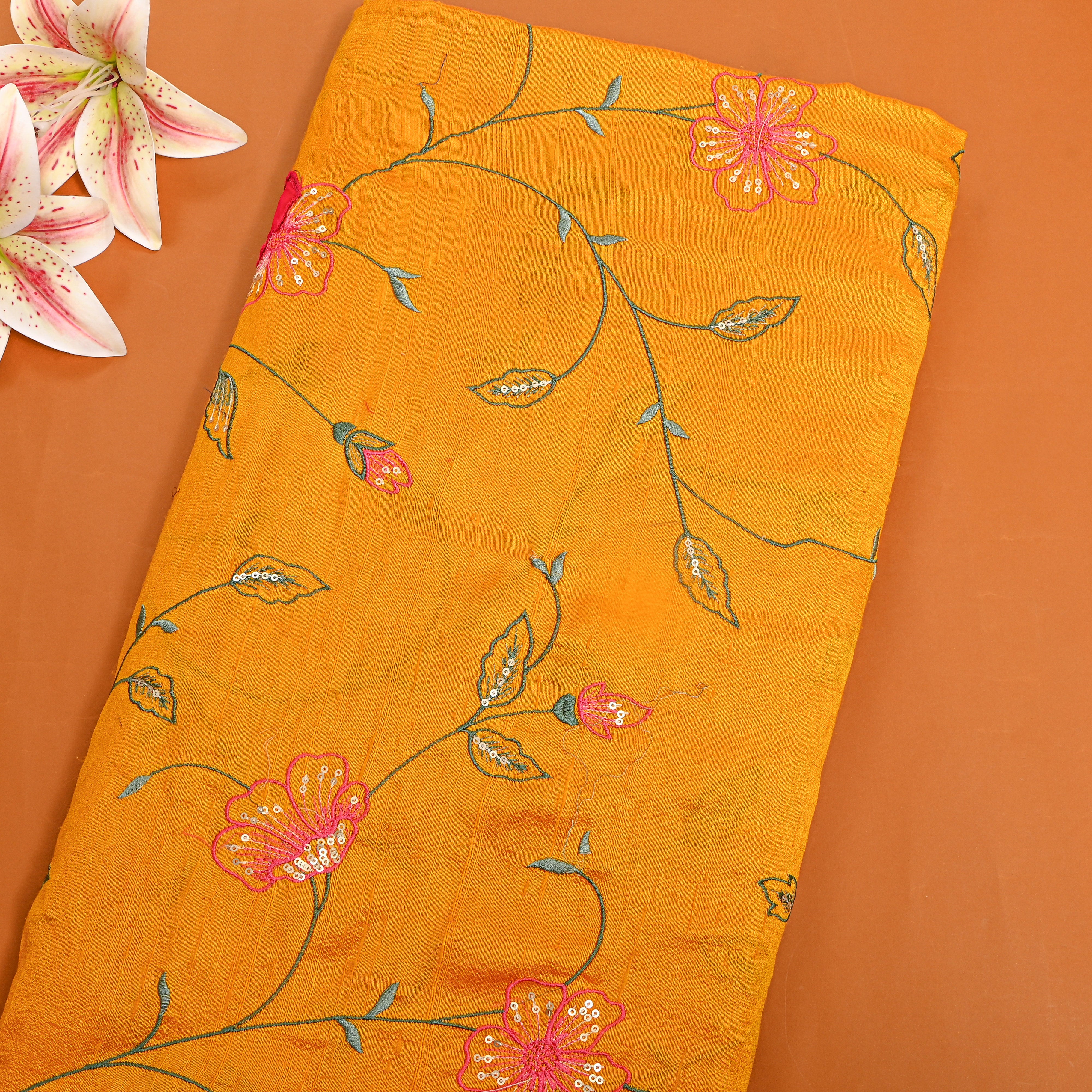 Bright Sunny Yellow Jaal Embroidery Raw Silk