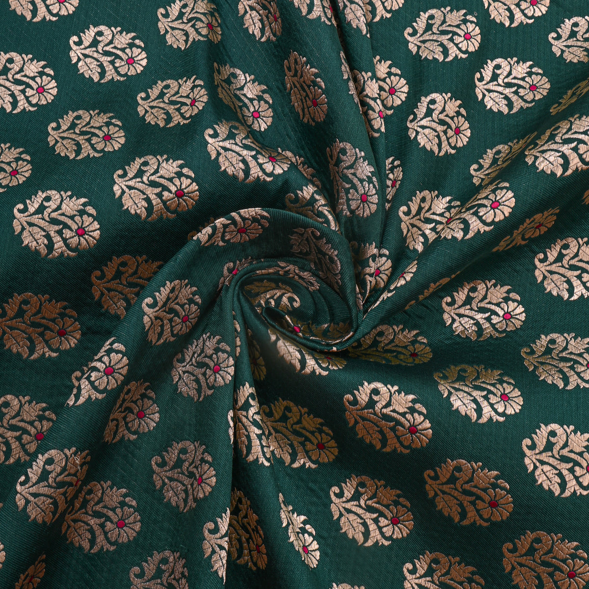 Green Gold Zari Floral Butti Jamawar Silk Fabric