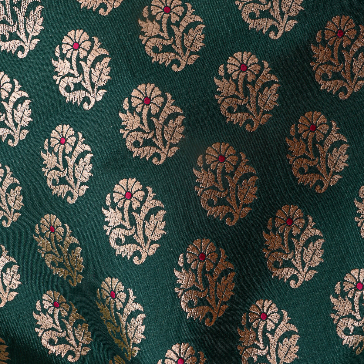 Green Gold Zari Floral Butti Jamawar Silk Fabric
