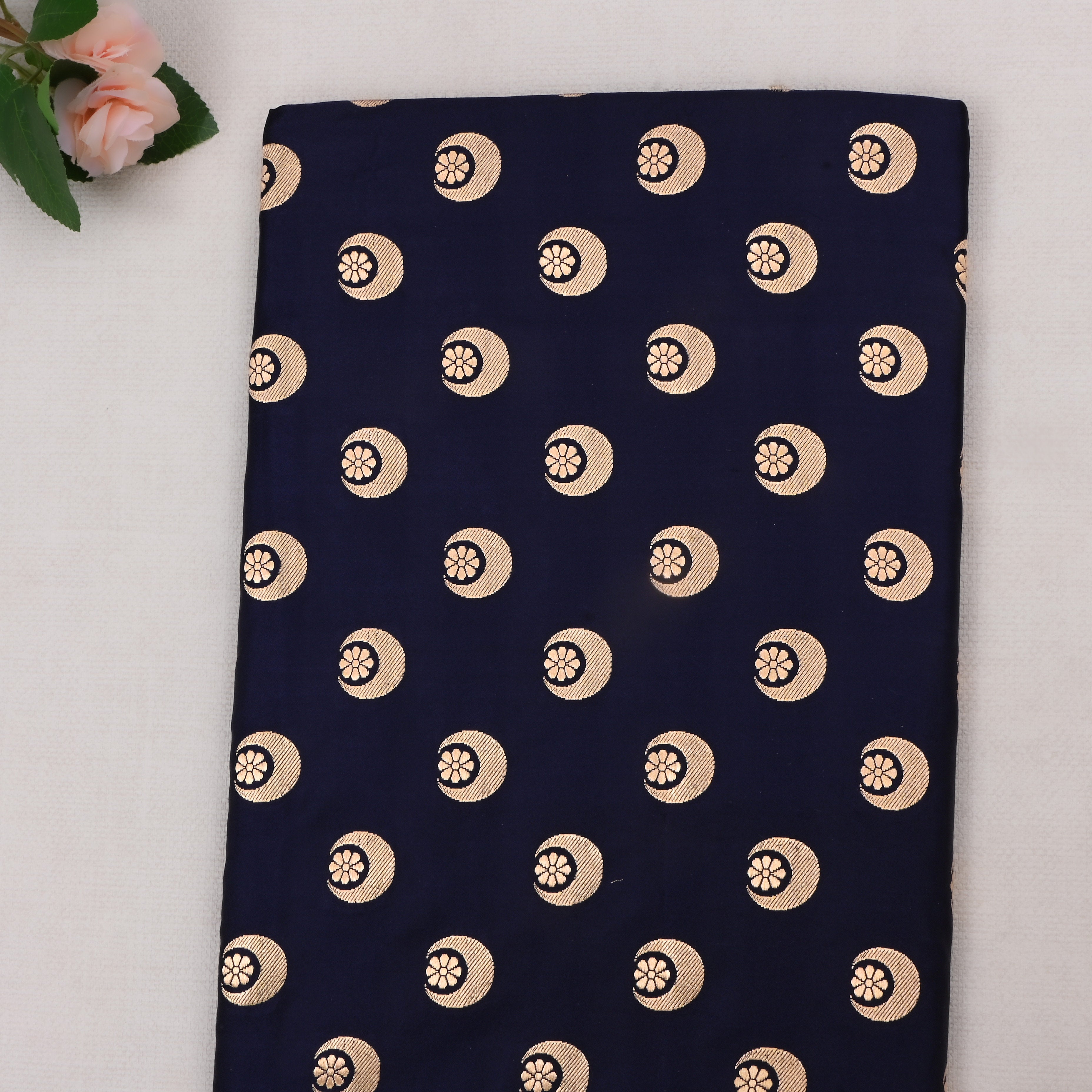Dark Navy Blue Jamawar Silk Fabric With Motifs