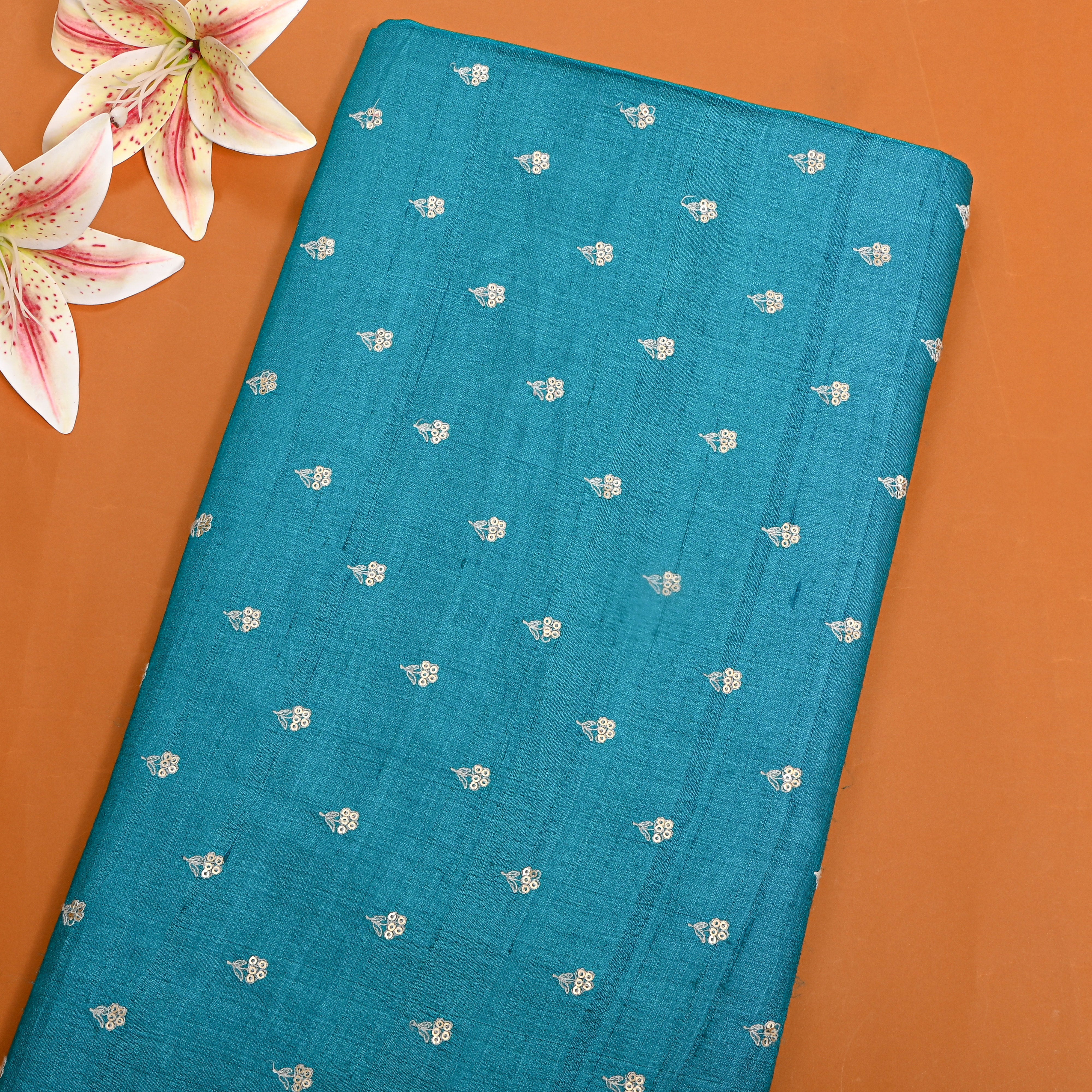Teal Blue Butti Embroidered Tussar Silk
