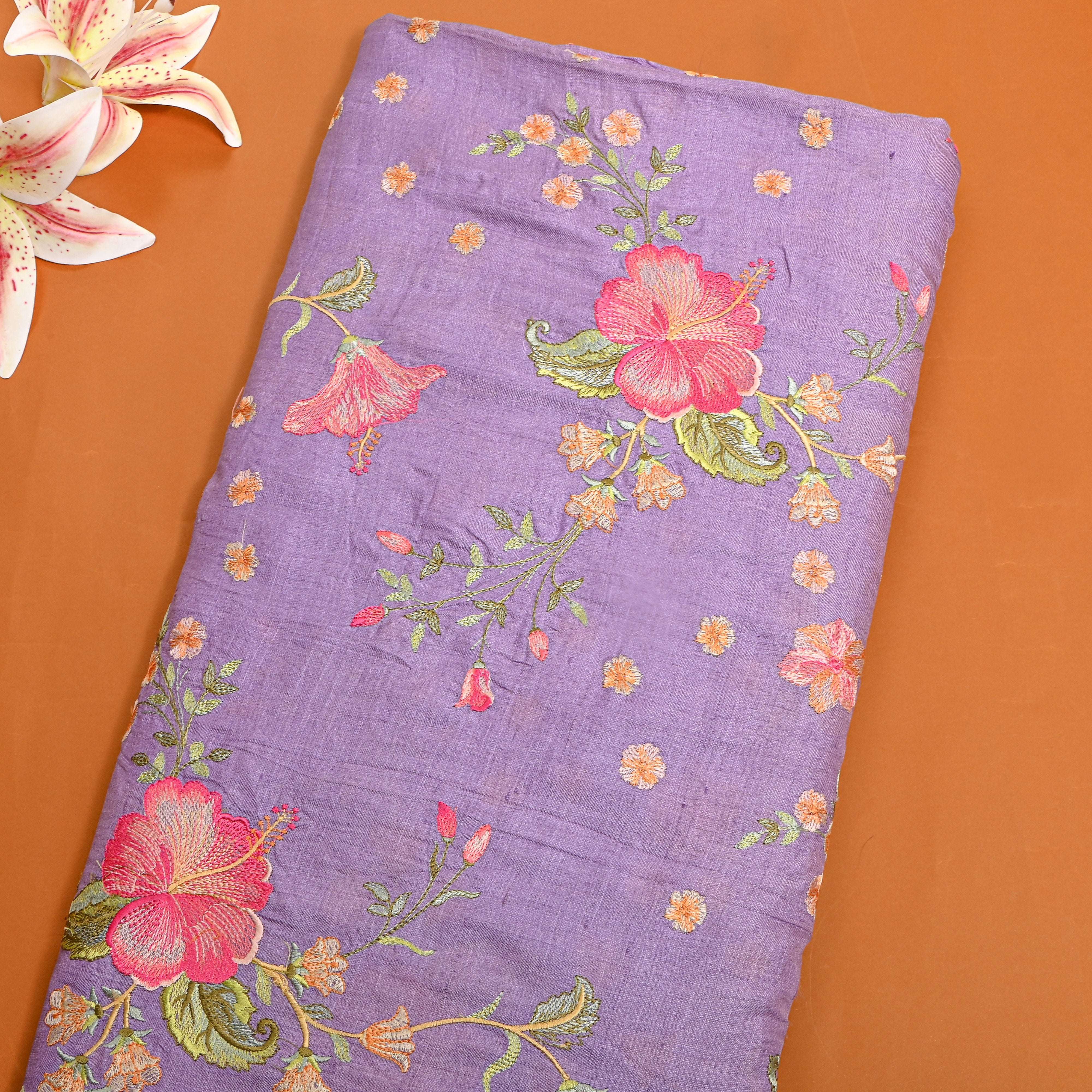 Purple Floral Jaal Thread Work Tussar Silk Fabric