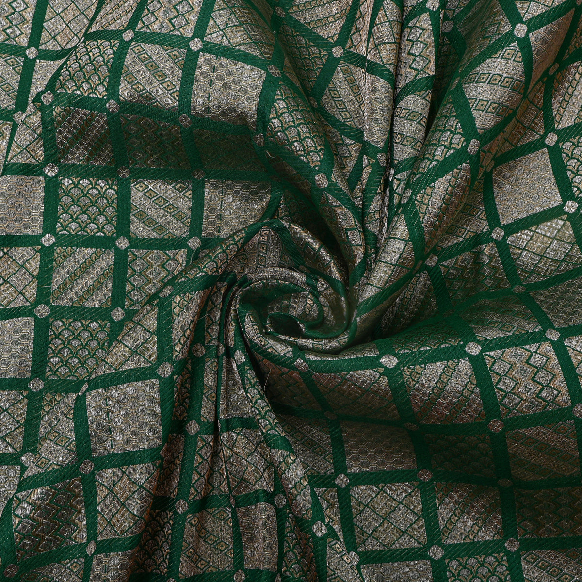 Emerald Green Gold Zari Geometric Check Jamawar Silk Fabric