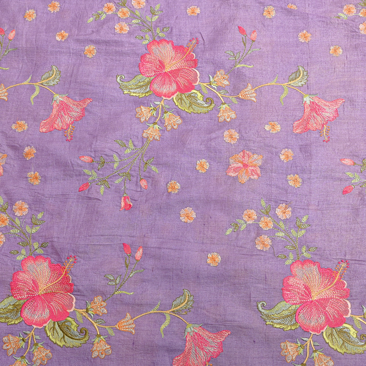 Purple Floral Jaal Thread Work Tussar Silk Fabric