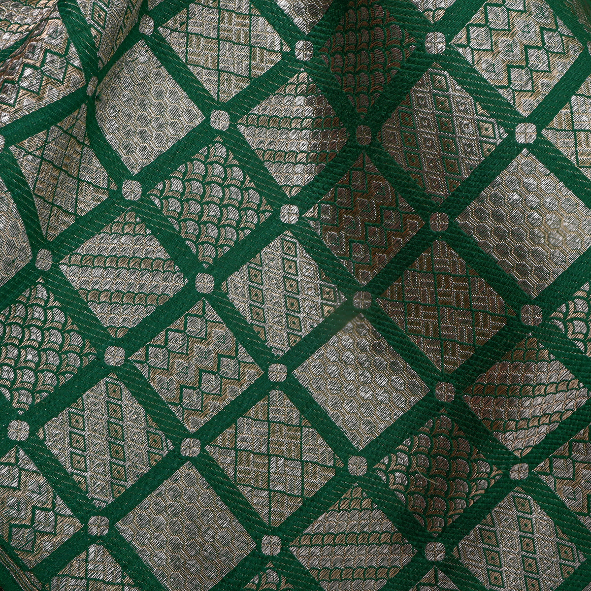 Emerald Green Gold Zari Geometric Check Jamawar Silk Fabric
