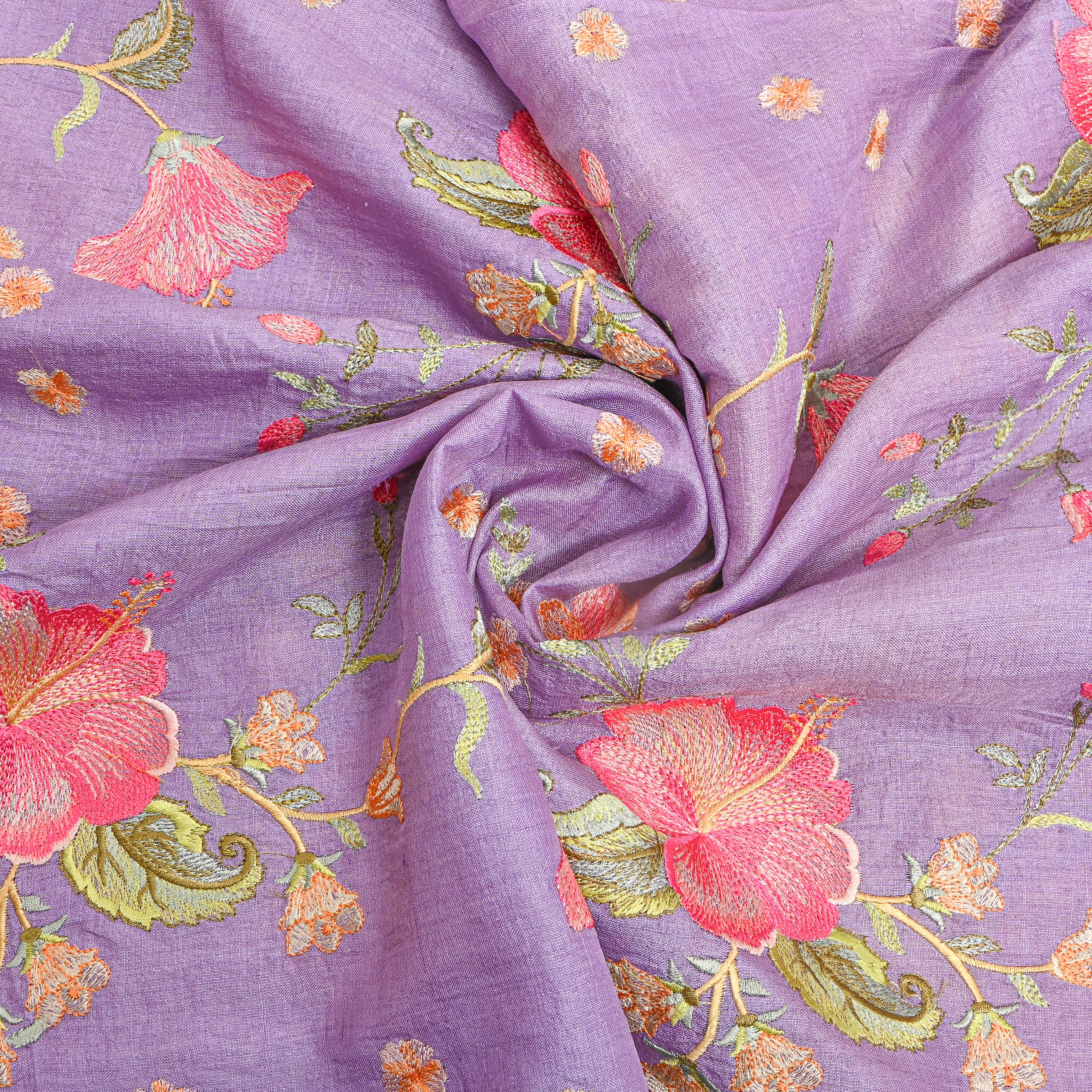 Purple Floral Jaal Thread Work Tussar Silk Fabric