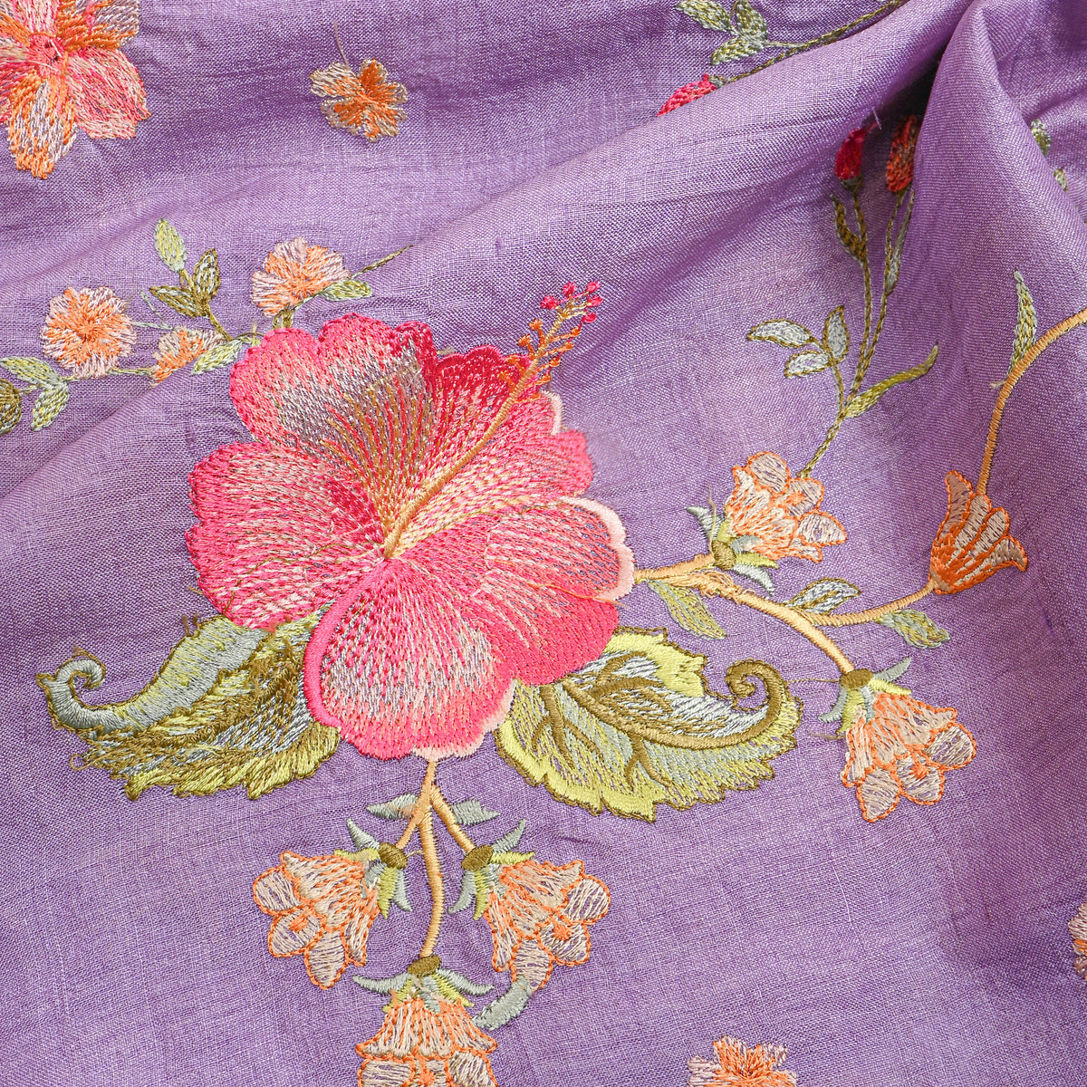 Purple Floral Jaal Thread Work Tussar Silk Fabric