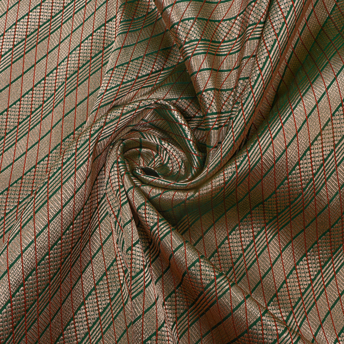 Bottle Green Gold Zari Stripe Self Weave Jamawar Silk Fabric