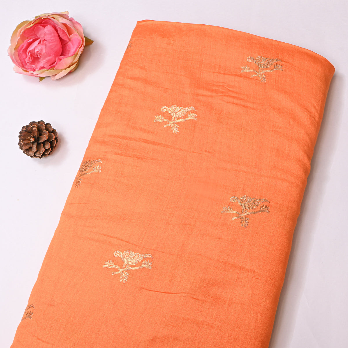 Papaya Orange Gold Zari Bird Butti Self Weave Jamawar Silk Fabric