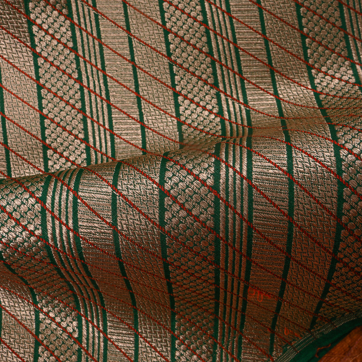 Bottle Green Gold Zari Stripe Self Weave Jamawar Silk Fabric
