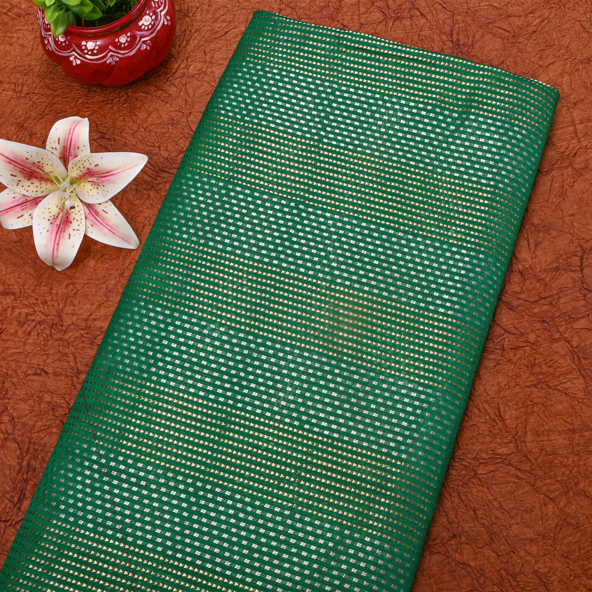 Emerald Green Gold Zari Woven Jamawar Silk Fabric