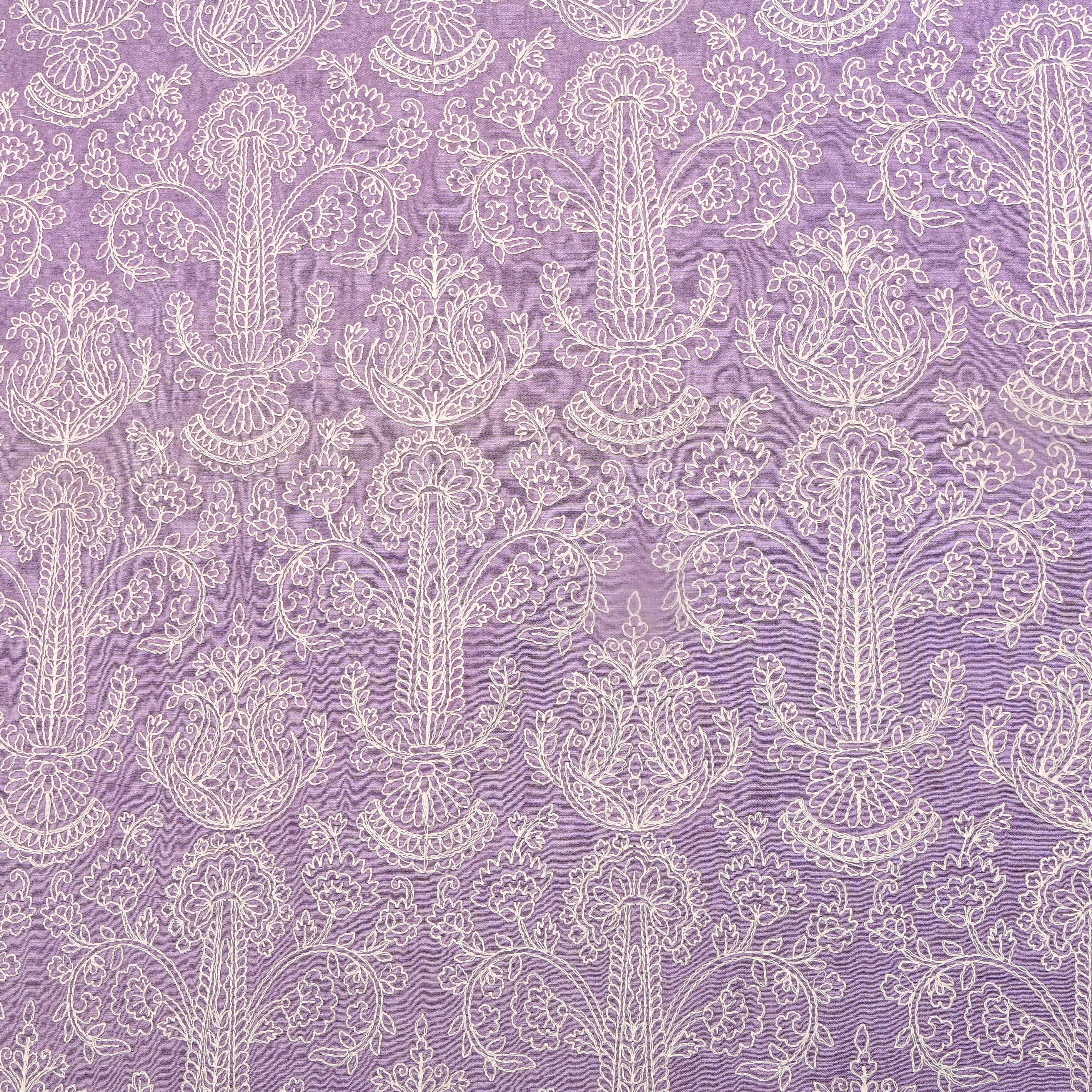 Bright Lavender Geometric Embroidery Munga Tussar Fabric