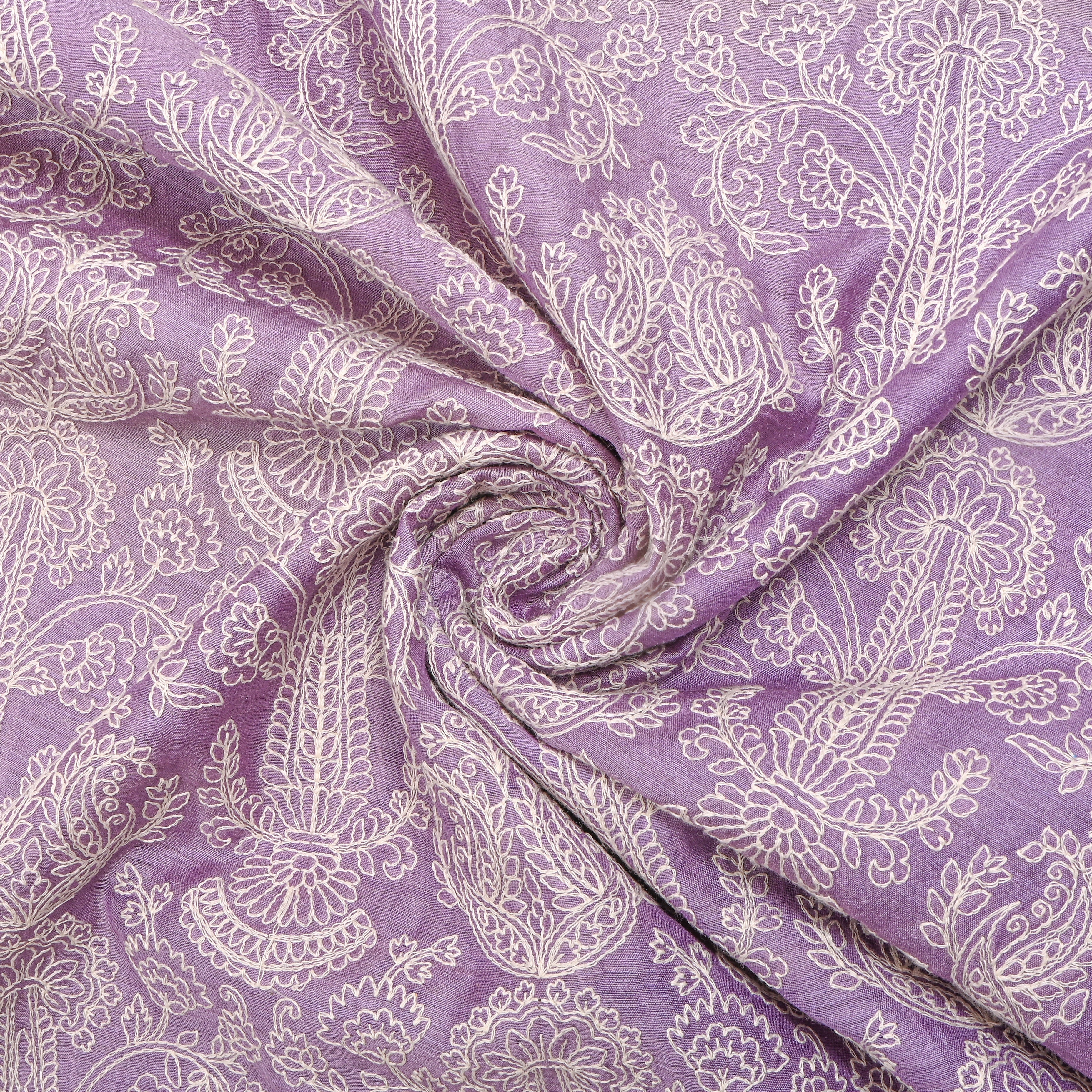 Bright Lavender Geometric Embroidery Munga Tussar Fabric