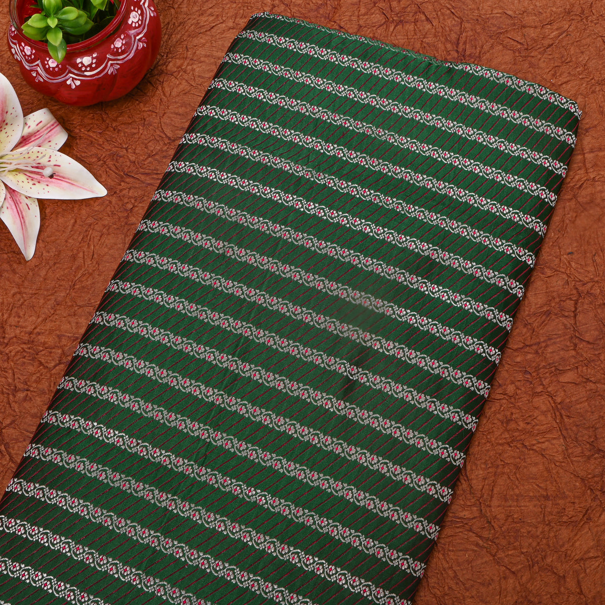 Bottle Green Silver Zari Striped Jamawar Silk Fabric