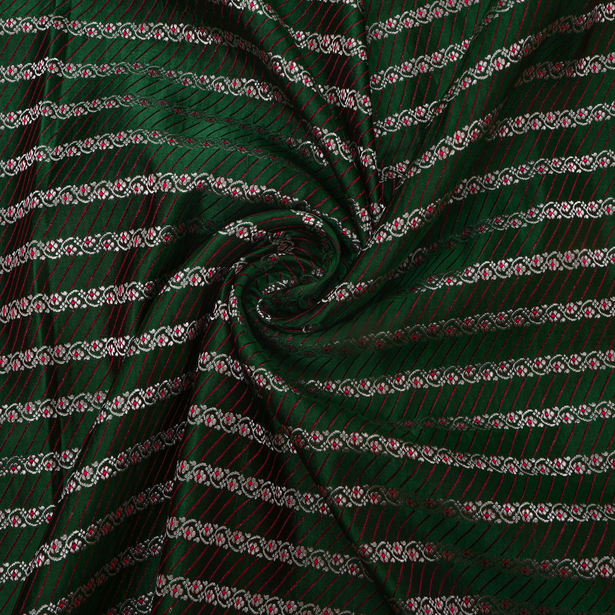 Bottle Green Silver Zari Striped Jamawar Silk Fabric