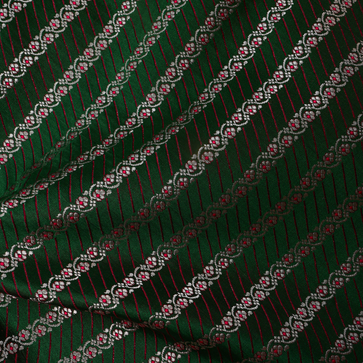 Bottle Green Silver Zari Striped Jamawar Silk Fabric