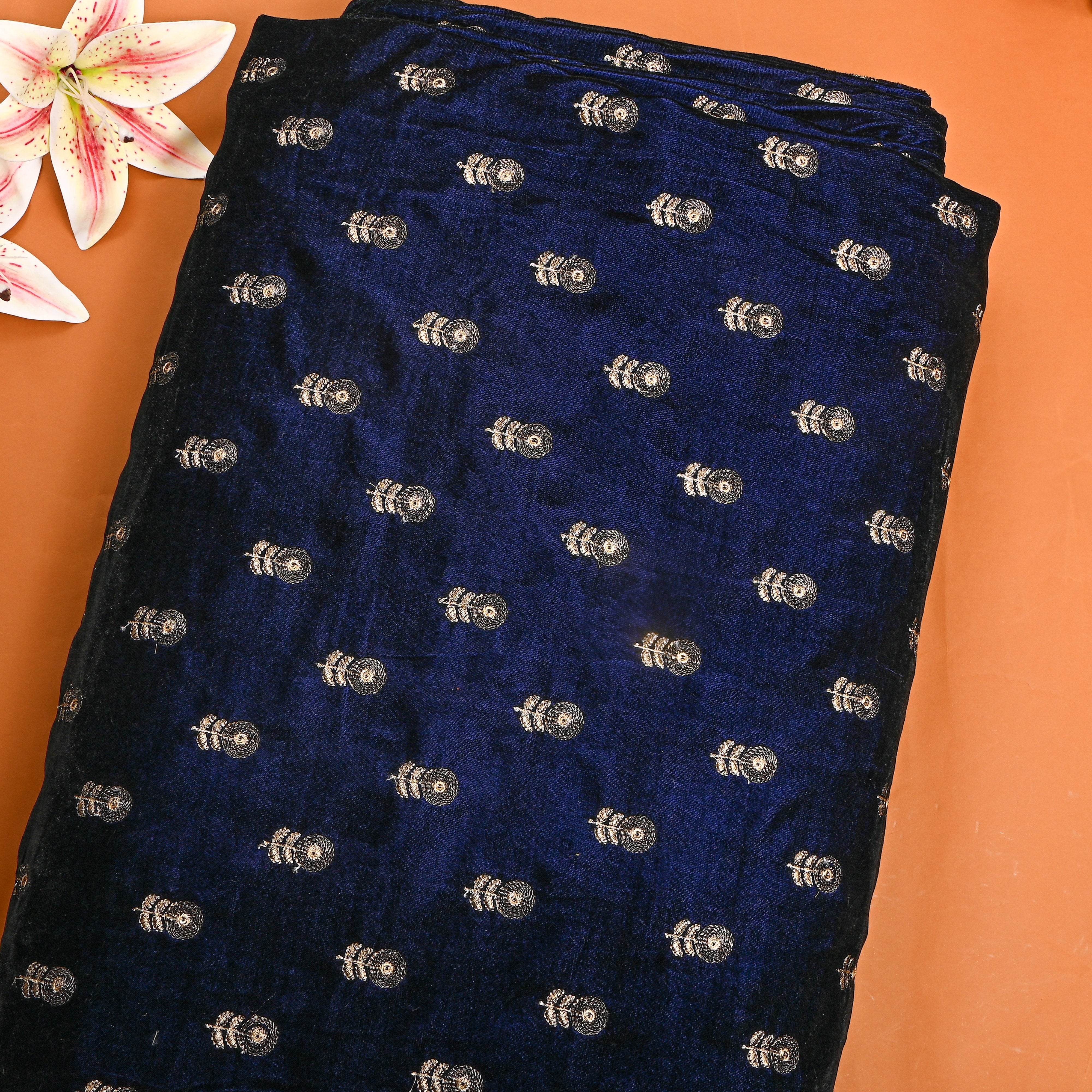 Royal Blue Gold Zari Butti Embroidery Velvet Fabric