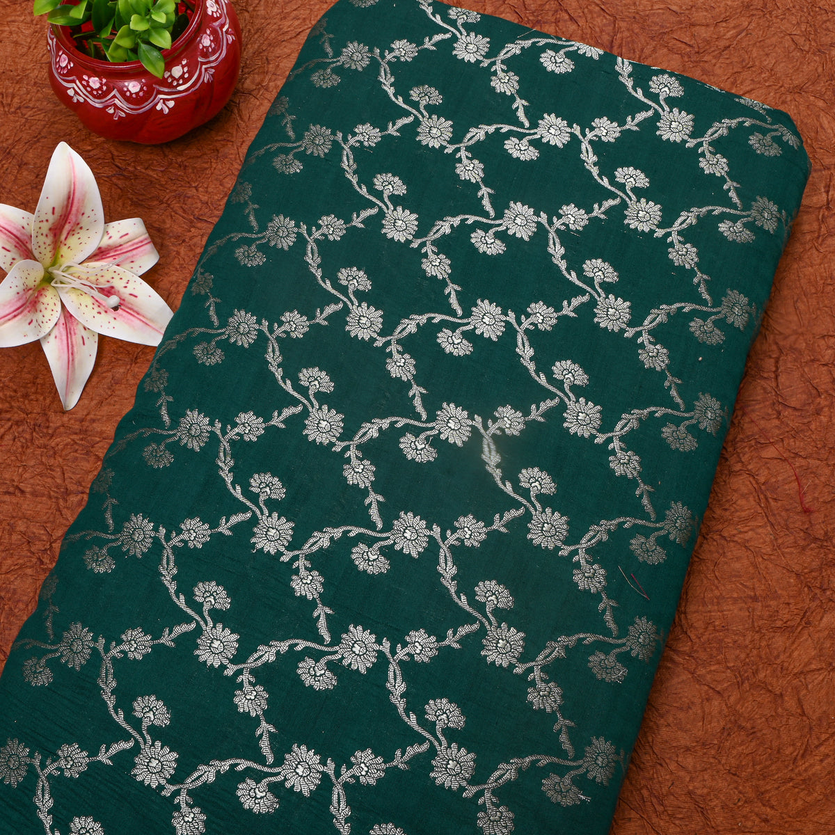Green Banarasi Silk Floral Weave Fabric
