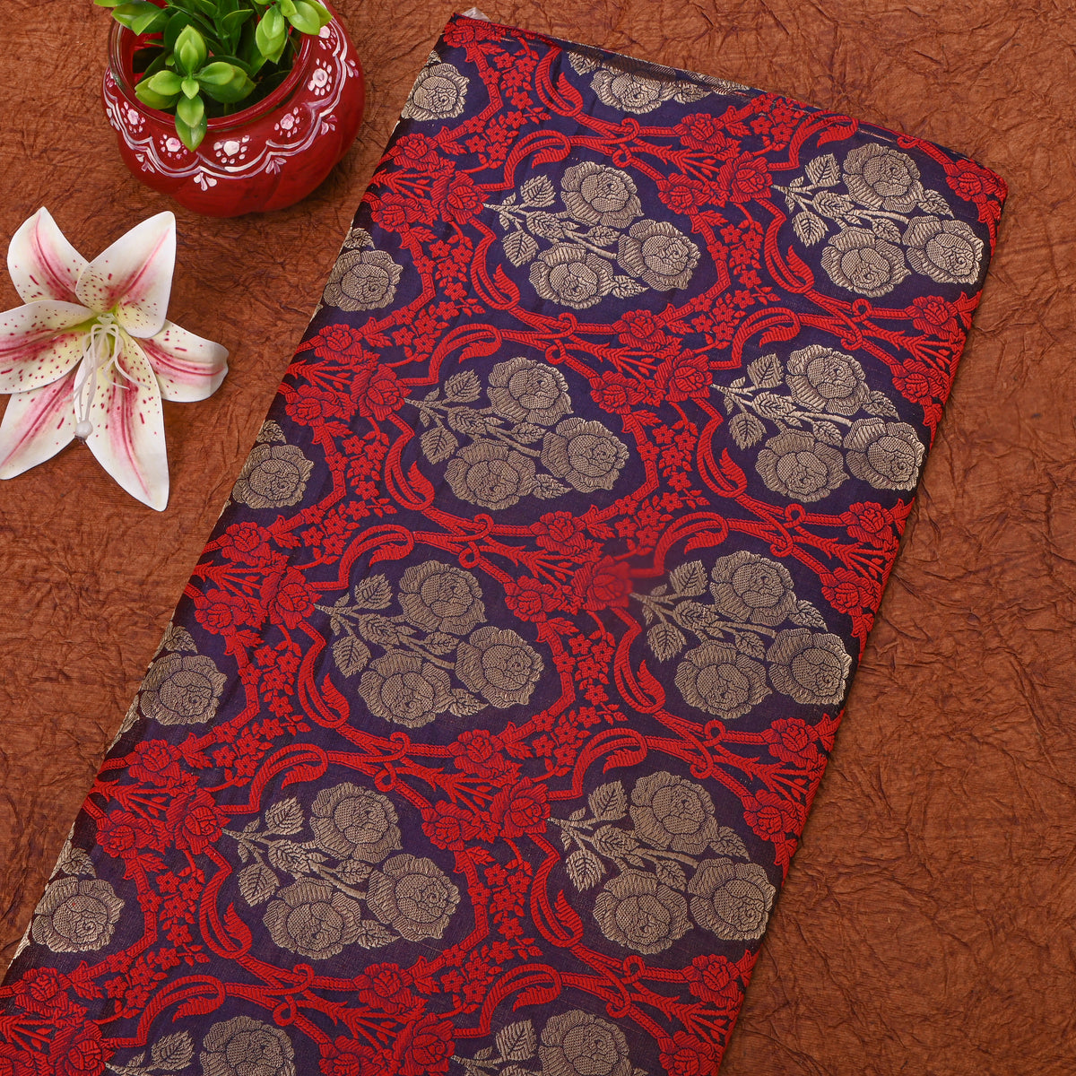 Deep Red And Blue Rose Trellis Self Weave Jamawar Silk Fabric