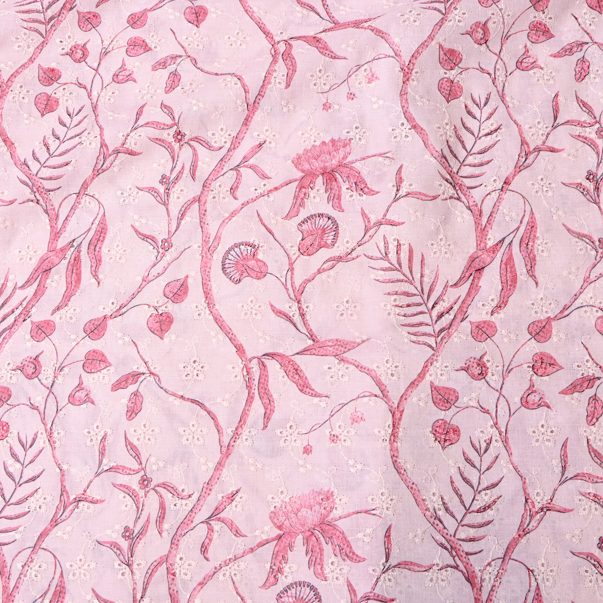 Baby Pink Printed Vine Thread Work Floral Dupion Silk Fabric
