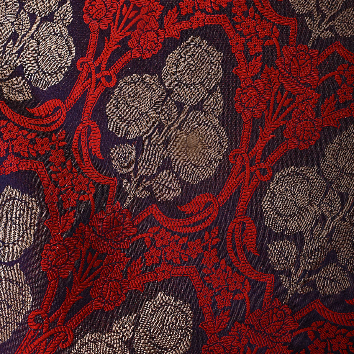 Deep Red And Blue Rose Trellis Self Weave Jamawar Silk Fabric