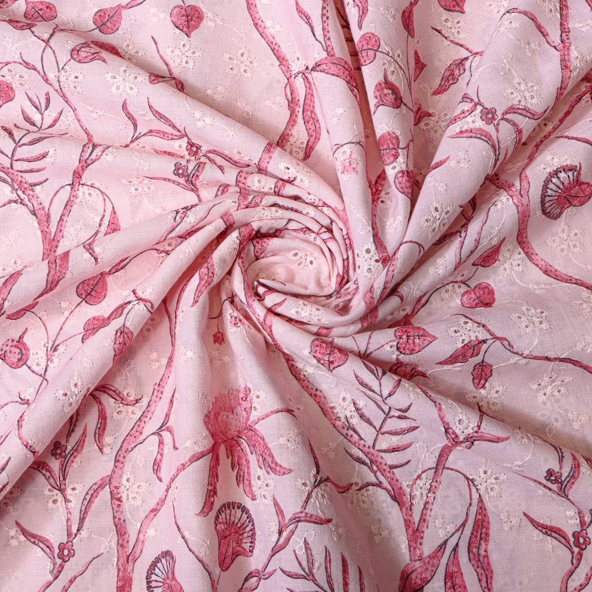 Baby Pink Printed Vine Thread Work Floral Dupion Silk Fabric