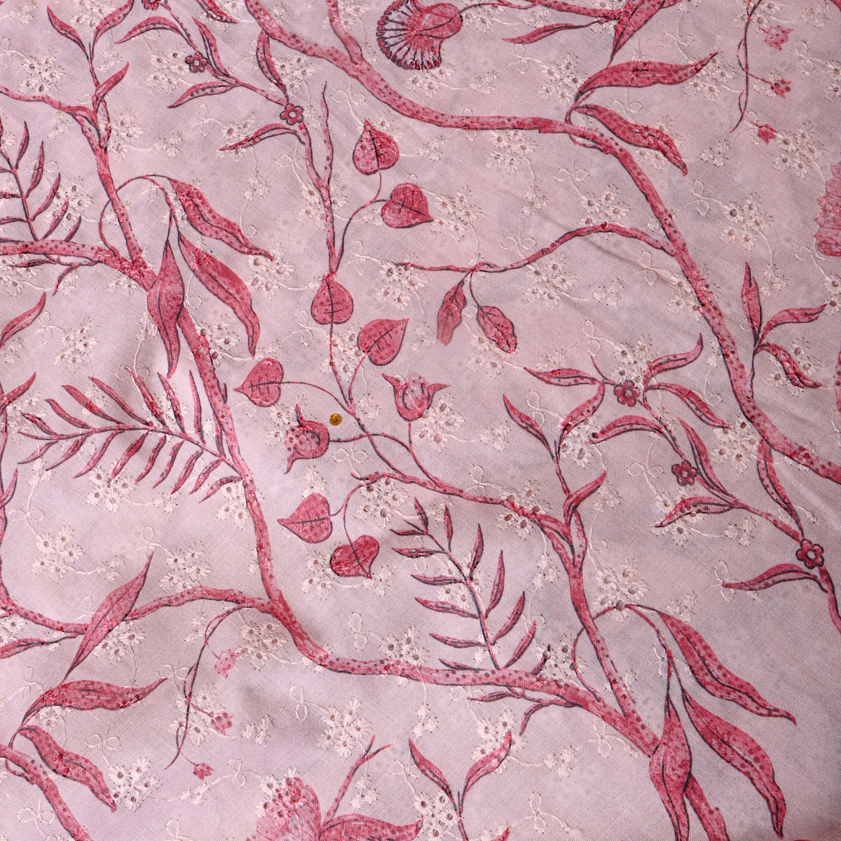 Baby Pink Printed Vine Thread Work Floral Dupion Silk Fabric
