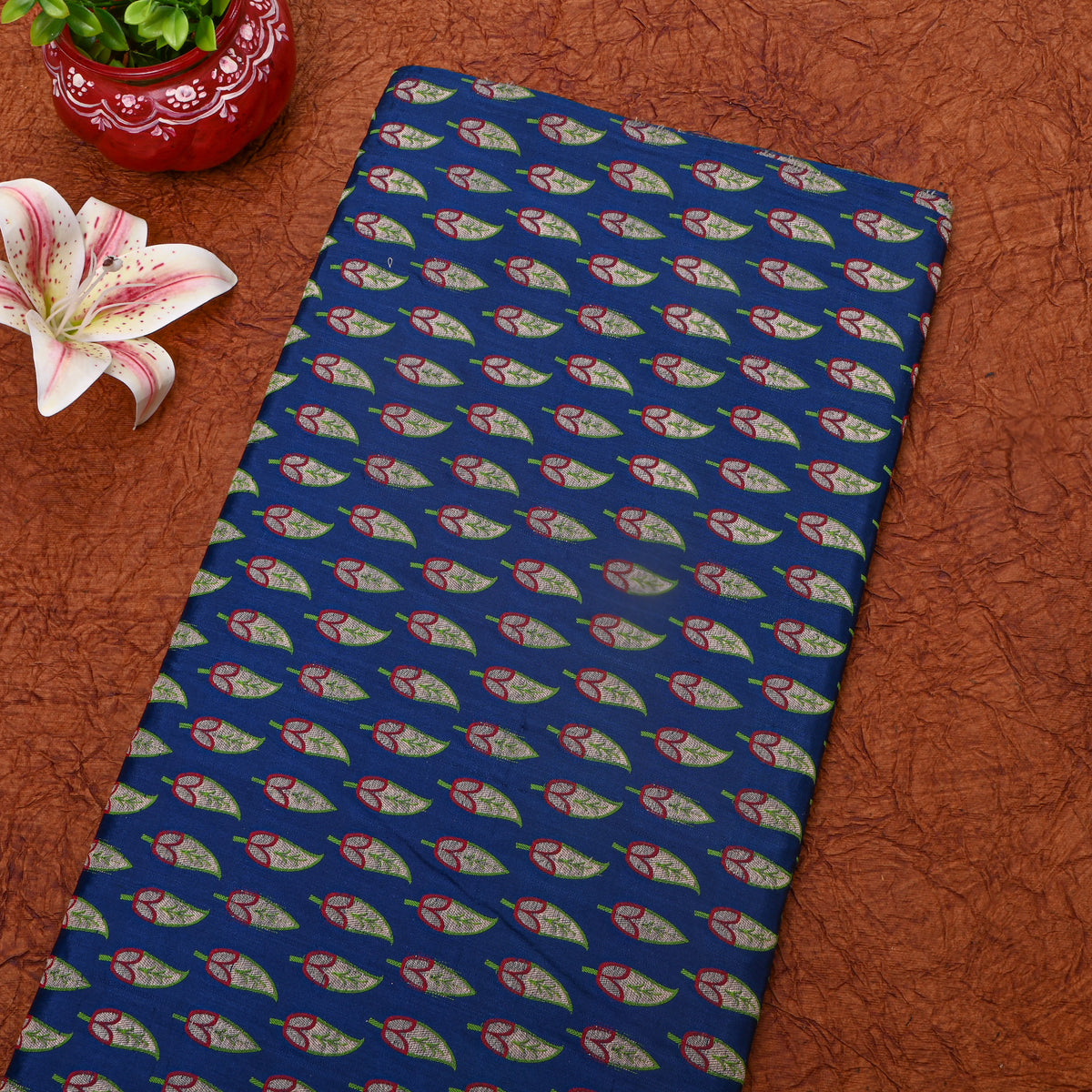 Vintage Blue Jamawar Silk Fabric With Gold Zari Butti