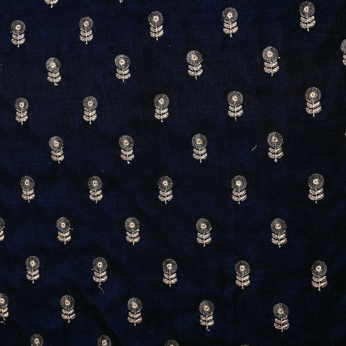 Royal Blue Gold Zari Butti Embroidery Velvet Fabric