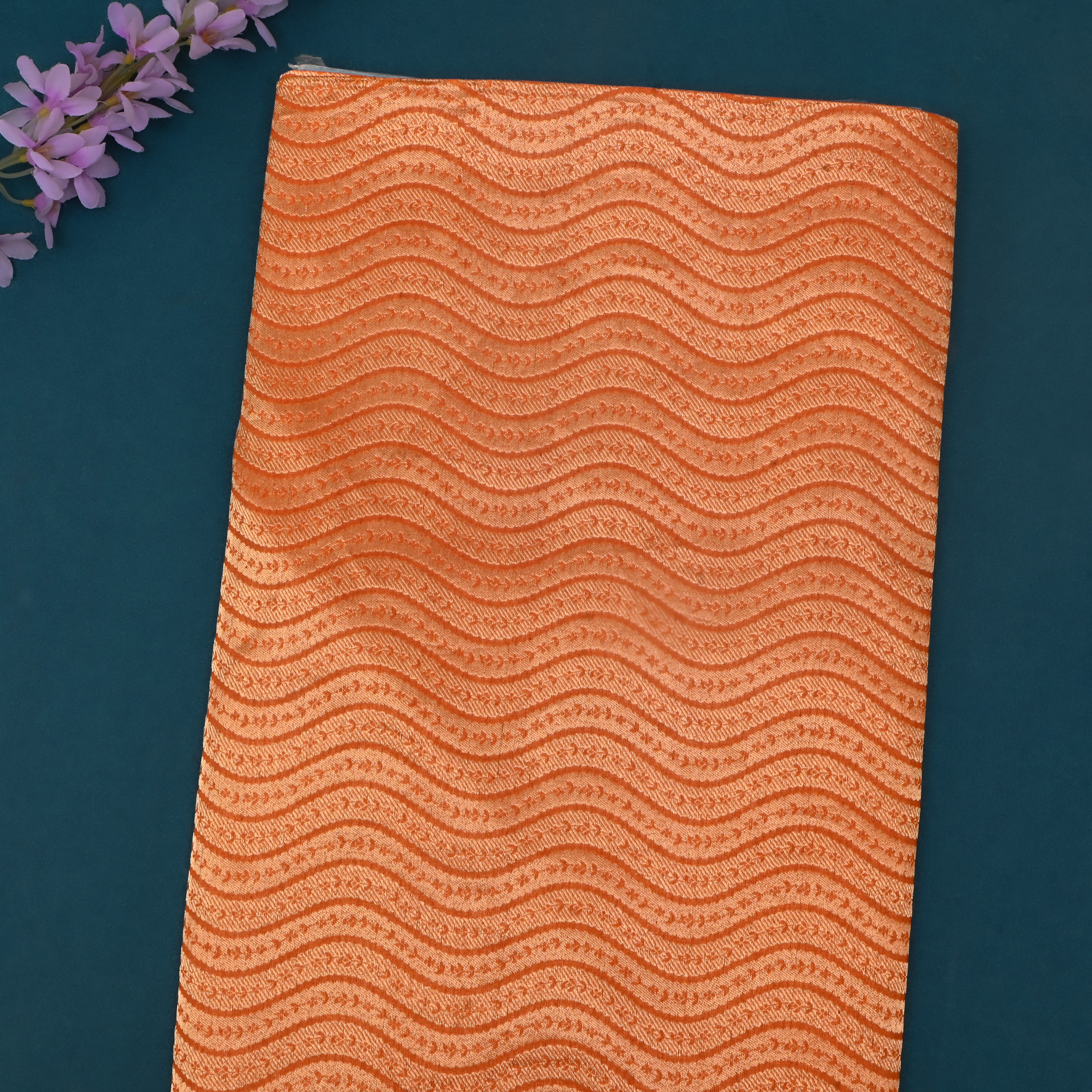 Orange Jamawar Silk Fabric With Wave Pattern